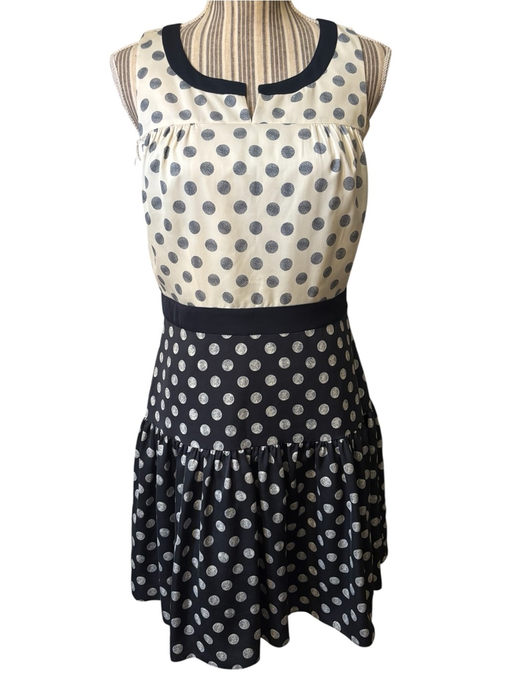 NEW J. Crew Dress Sz 8 Cream Navy Blue Polka Dot Sleeveless Tiered Mini Ruffled